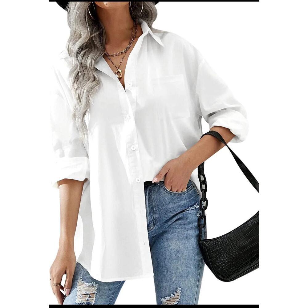 Hotouch Women Button Down Shirt Office Drop Shoulder Oversized Blouse Medium